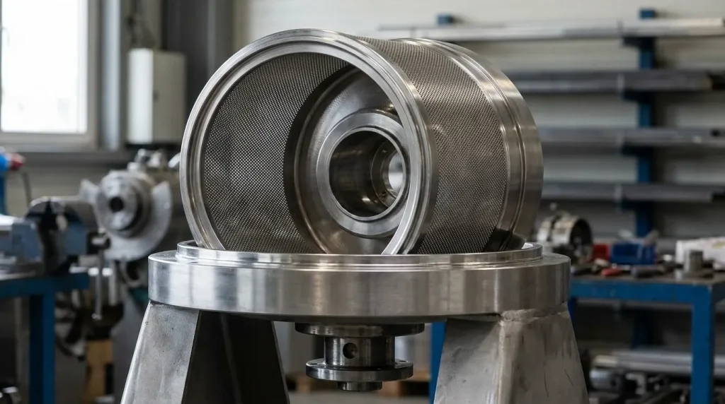 Close-up of a perforated stainless steel centrifuge basket drum used for industrial separation.