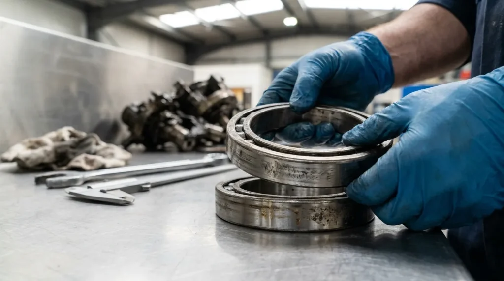 Technician inspecting industrial centrifuge bearing components during maintenance and equipment servicing.
