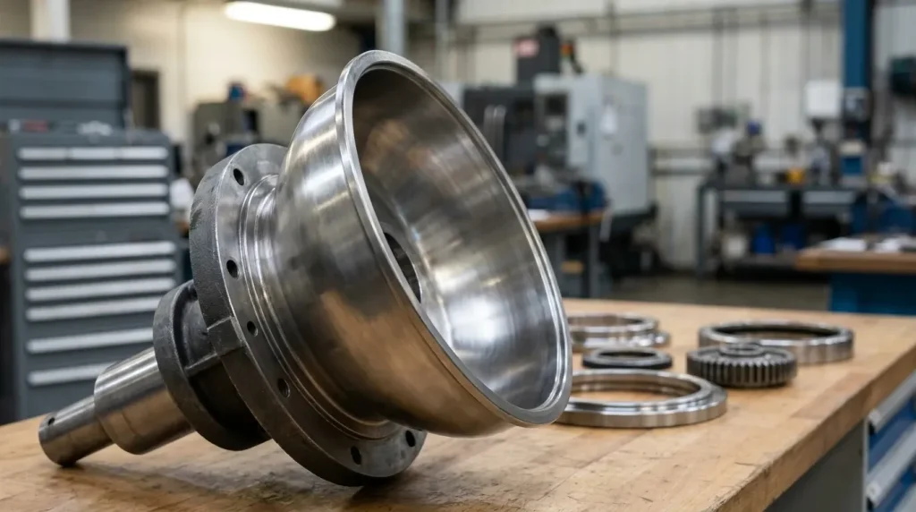 Stainless steel centrifuge bowl assembly with shaft, flanges, bearings, and related components on a workshop bench.