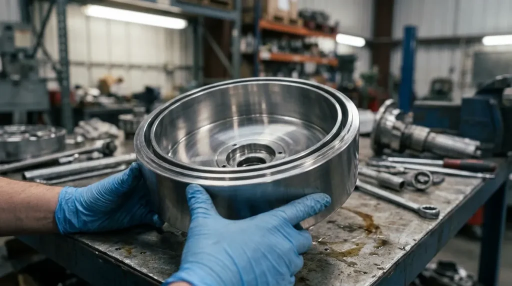 Stainless steel centrifuge bowl component being handled during maintenance and assembly.