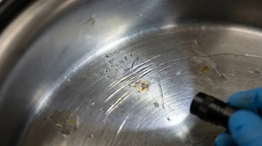 Close-up of surface wear, scratches, and erosion damage inside a stainless steel centrifuge bowl.