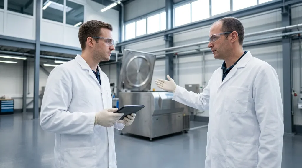 Two technicians discussing centrifuge commissioning procedures while wearing protective equipment inside an industrial processing facility.