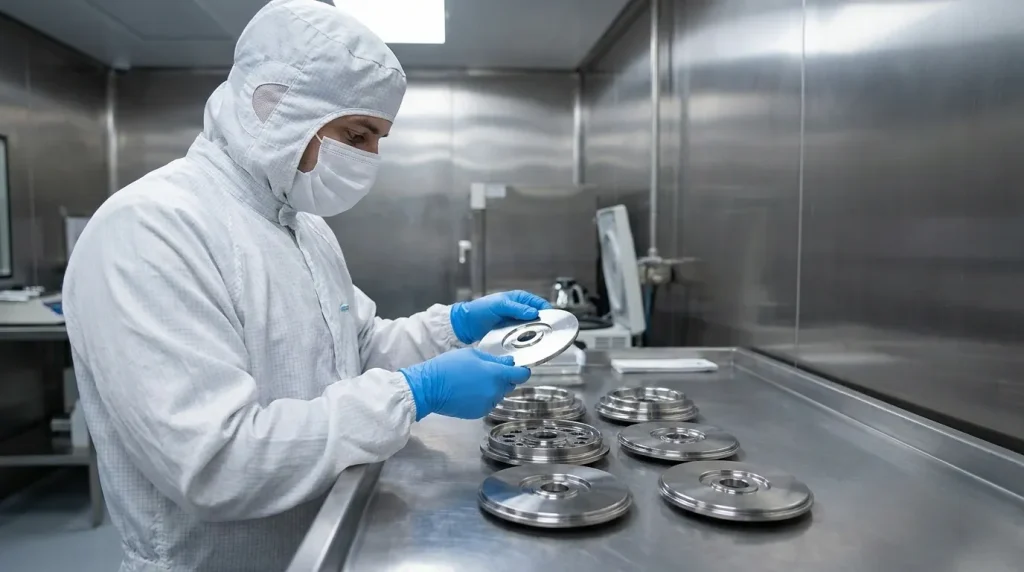 Cleanroom technician inspecting stainless steel centrifuge components during quality control.