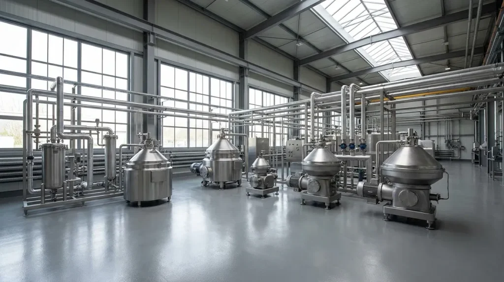 Industrial processing facility with multiple disc stack centrifuges, control panels, and stainless steel piping.