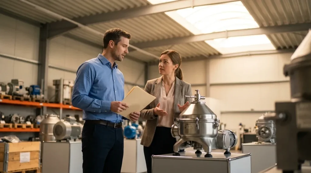 Engineers discussing centrifuge equipment selection beside an industrial separator in a manufacturing facility.
