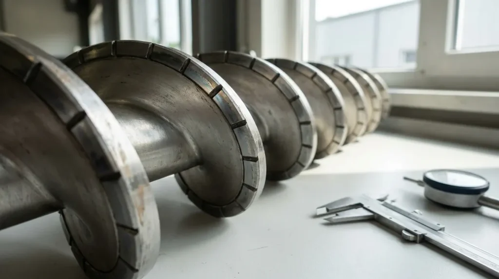Close-up of a centrifuge helical scroll conveyor component with calipers and a dial gauge for dimensional inspection.