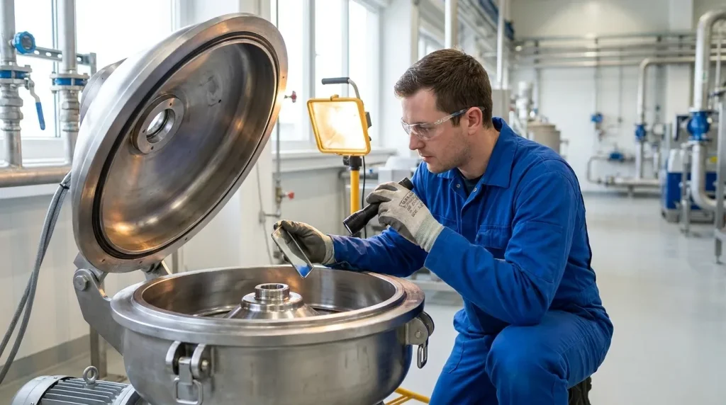 Technician inspecting the interior of an industrial centrifuge for residue and maintenance issues.