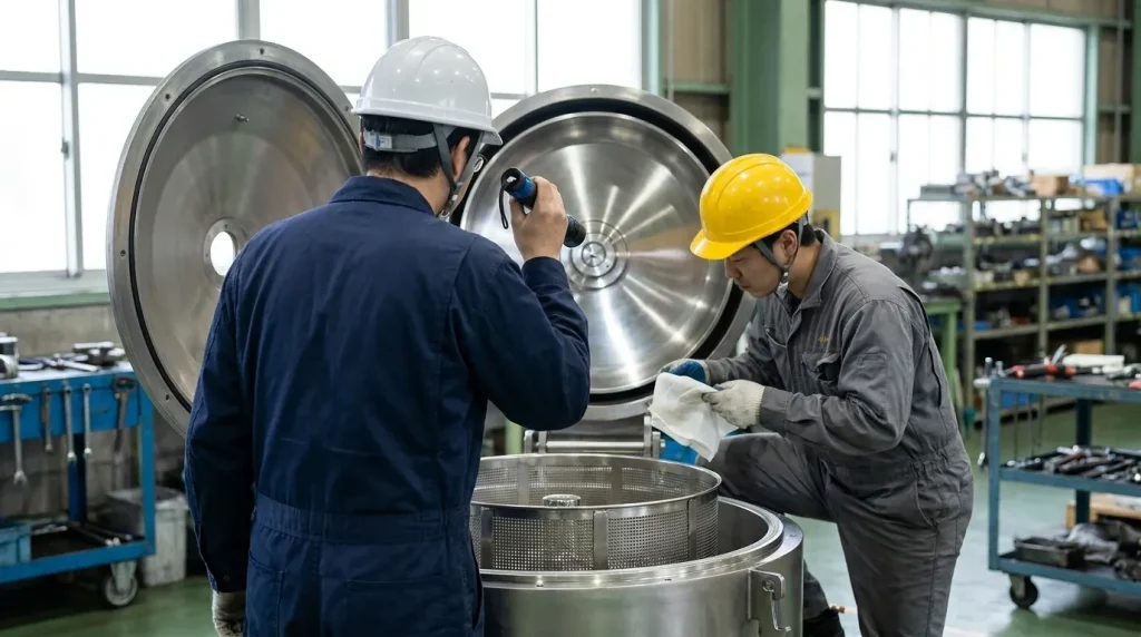 Technicians inspecting the open basket and interior components of an industrial centrifuge during maintenance.