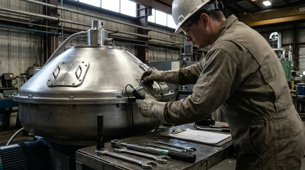 Technician performing maintenance and inspection on an industrial centrifuge using diagnostic equipment in a processing facility.