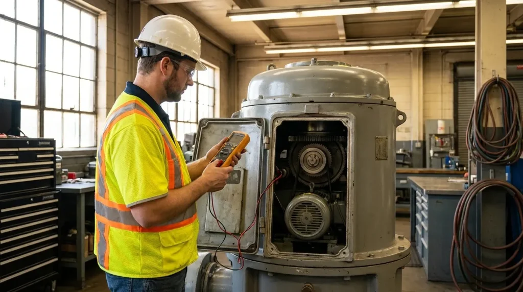 Technician performing maintenance inspection on an industrial centrifuge drive and internal components.