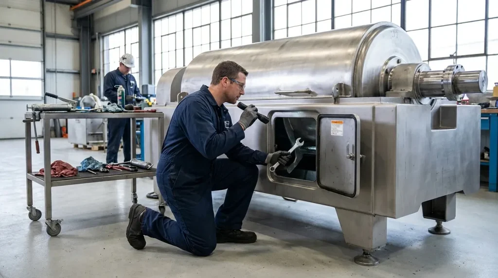 Technician inspecting and servicing a large industrial decanter centrifuge during maintenance.