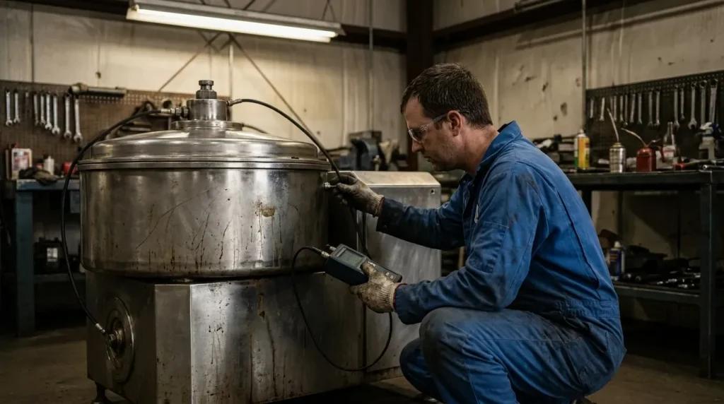 Technician performing vibration monitoring and inspection on an industrial centrifuge.