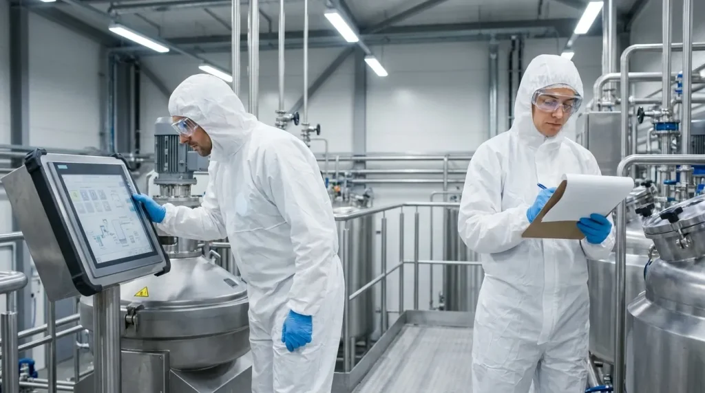 Two centrifuge operators wearing protective cleanroom PPE while monitoring equipment and recording process data.