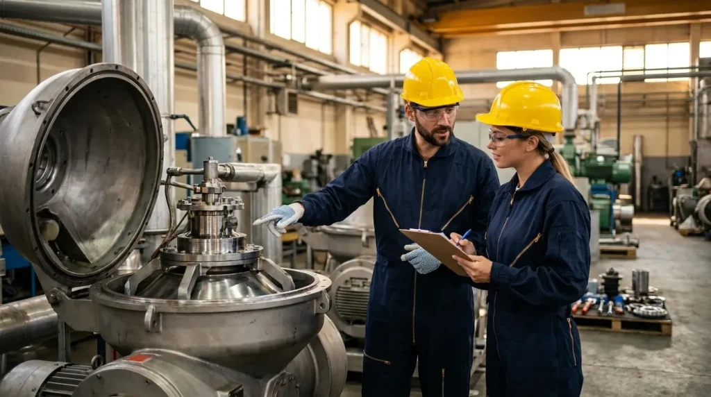 Engineers reviewing and optimizing industrial centrifuge operating parameters during equipment inspection in a processing facility.