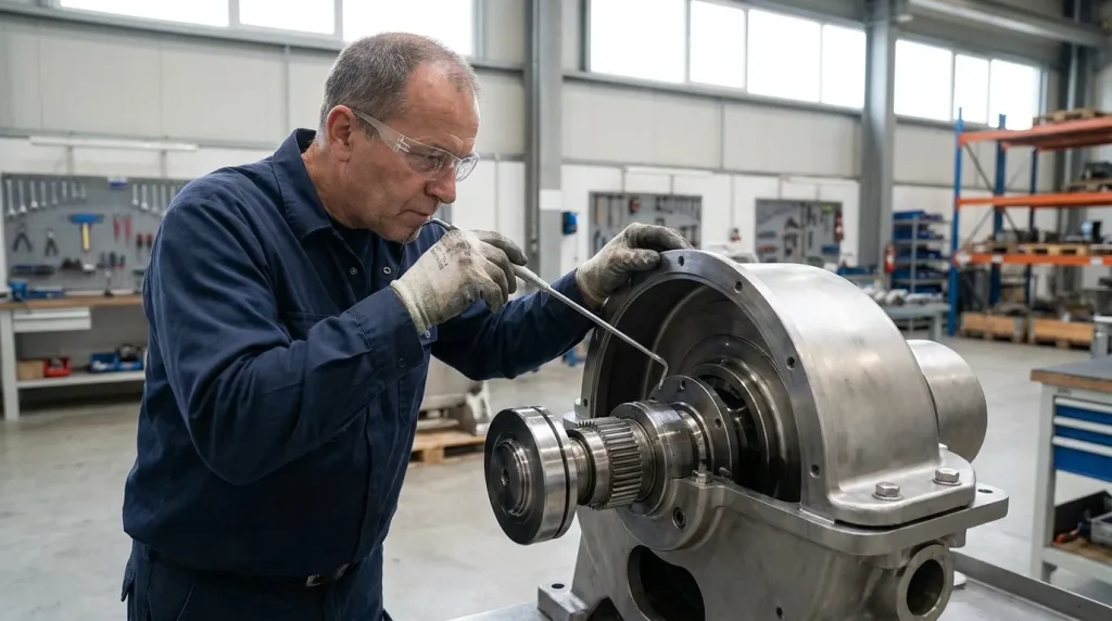 Maintenance technician inspecting a centrifuge bearing and drive assembly during preventive maintenance.