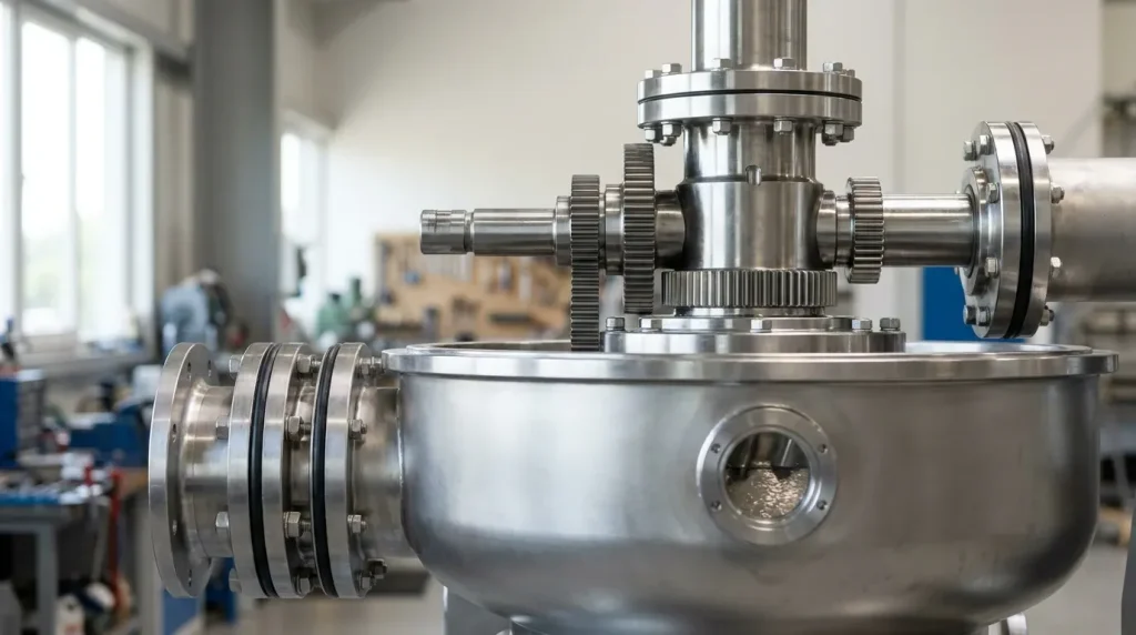 Close-up of an industrial centrifuge rotating assembly with stainless steel shafts, gears, and mechanical components.