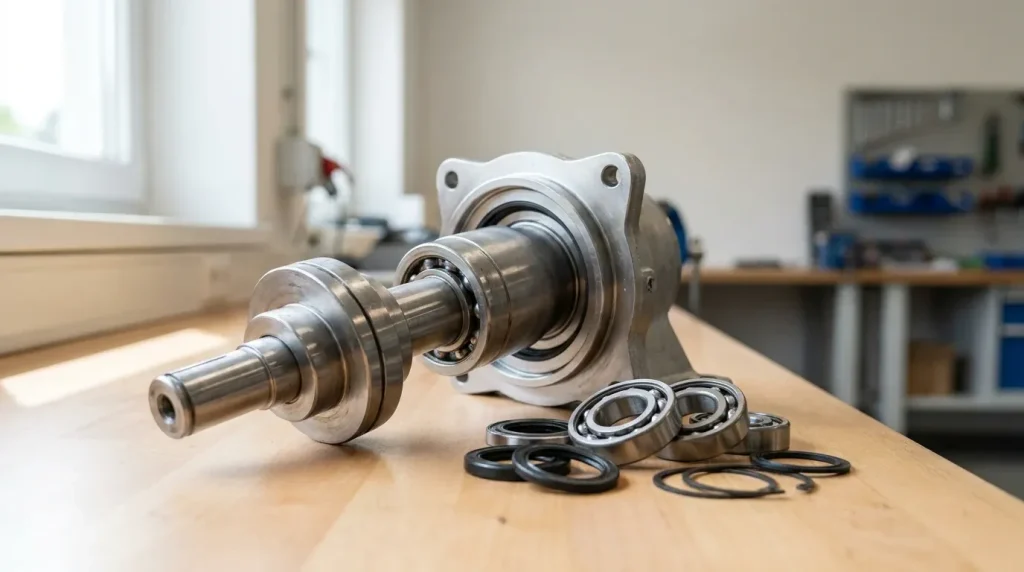 Centrifuge rotor shaft and bearing assembly with replacement bearings and seals on a workbench.