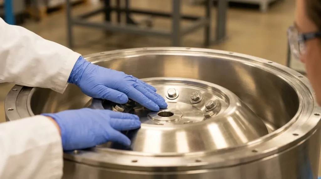 Technician inspecting the stainless steel centrifuge rotor bowl before equipment commissioning.