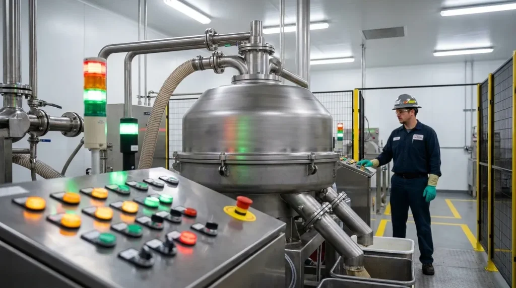 Operator monitoring an industrial centrifuge control system during high-speed operation and process optimization.