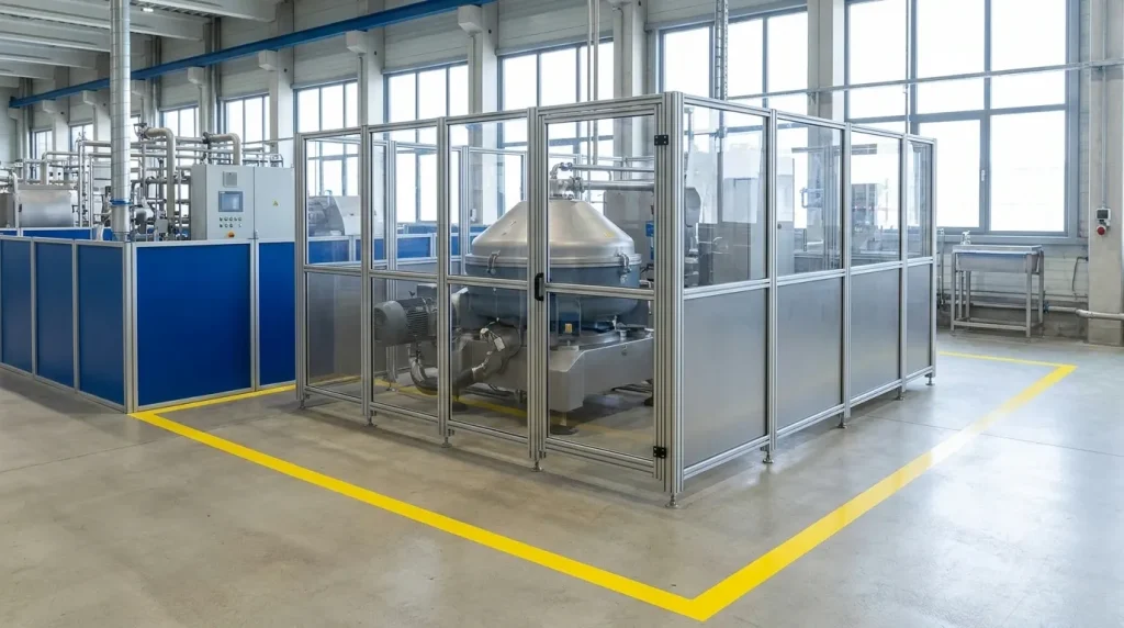 Industrial centrifuge installed inside a safety enclosure in a processing facility.
