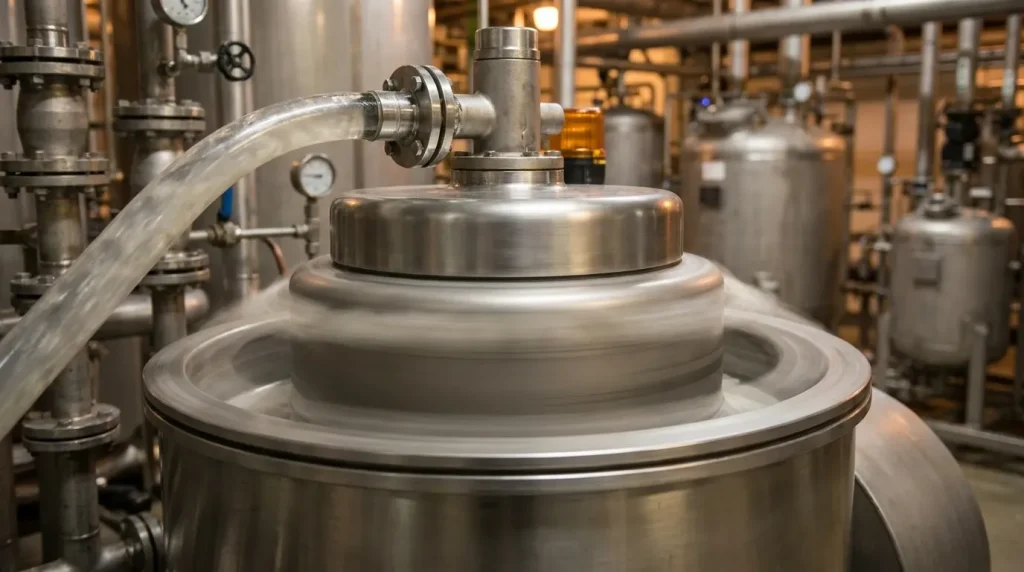 Industrial centrifuge operating during a high-speed separation process in a processing facility.