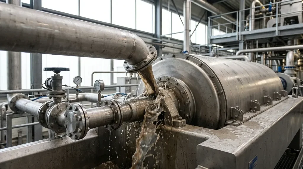 Industrial centrifuge operating during liquid-solid separation with slurry flowing through connected piping.