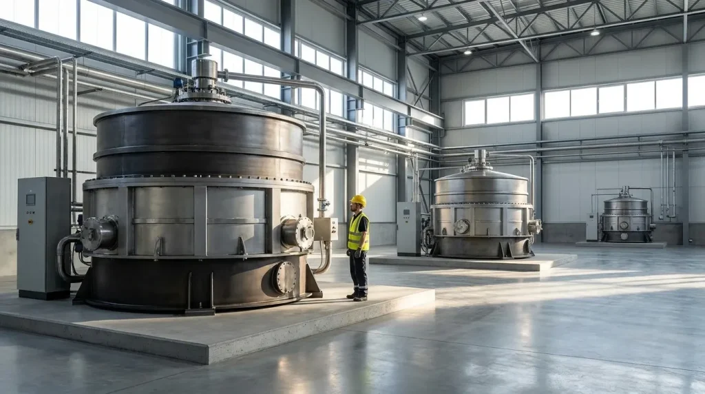 Industrial centrifuges of different sizes and capacities installed in a large processing facility for equipment comparison.