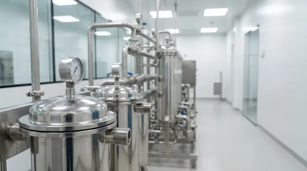 Stainless steel pharmaceutical filtration equipment installed in a cGMP cleanroom facility.