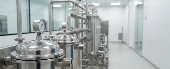 Stainless steel pharmaceutical filtration equipment installed in a cGMP cleanroom facility.