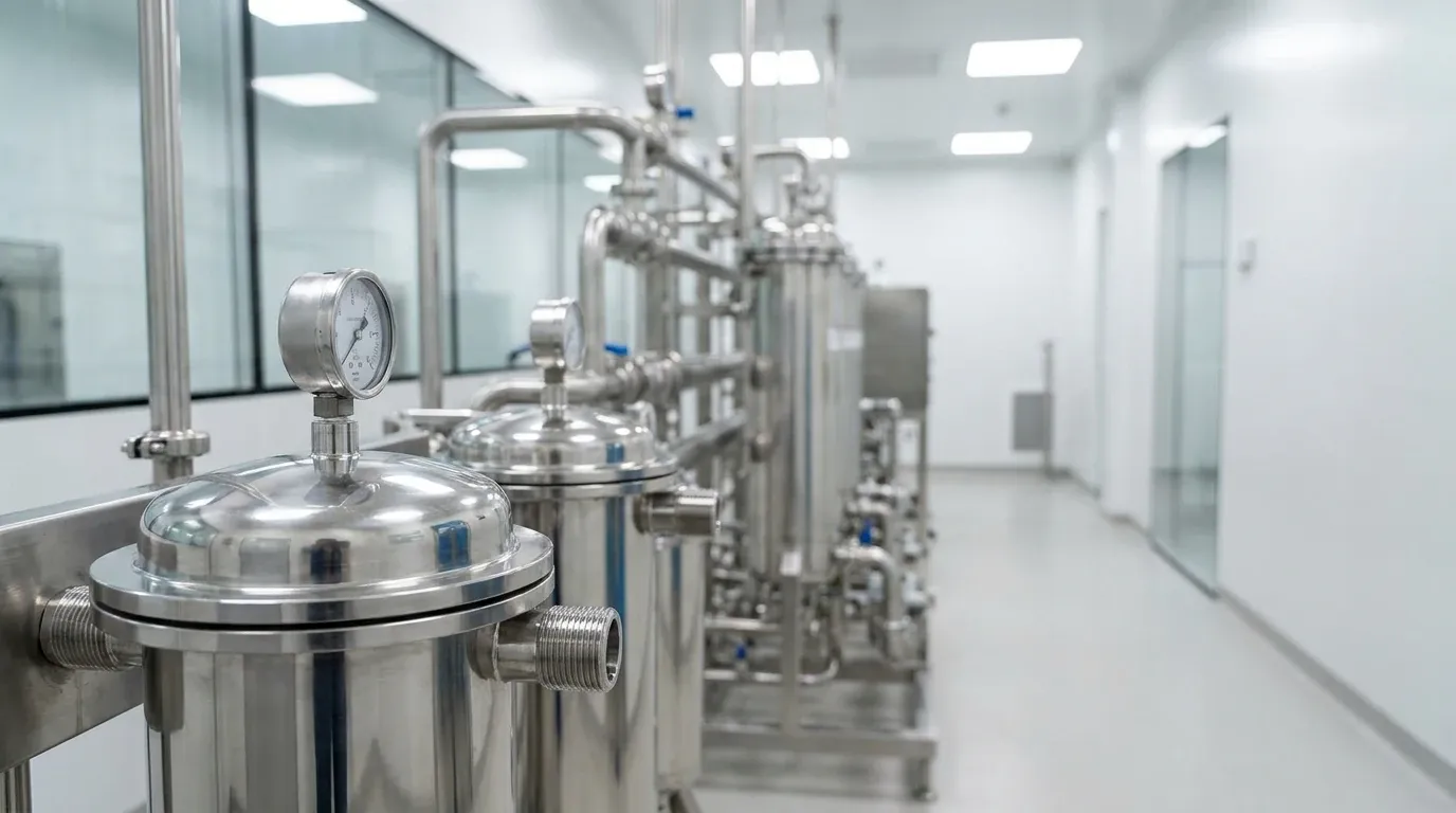Stainless steel pharmaceutical filtration equipment installed in a cGMP cleanroom facility.