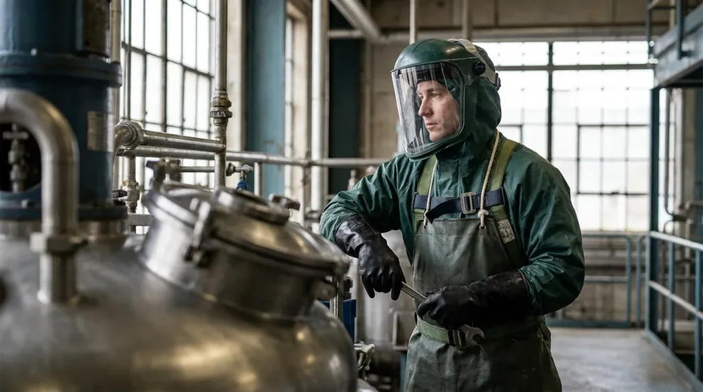 Industrial worker wearing chemical-resistant PPE while preparing to clean or maintain a reactor vessel in a processing facility.