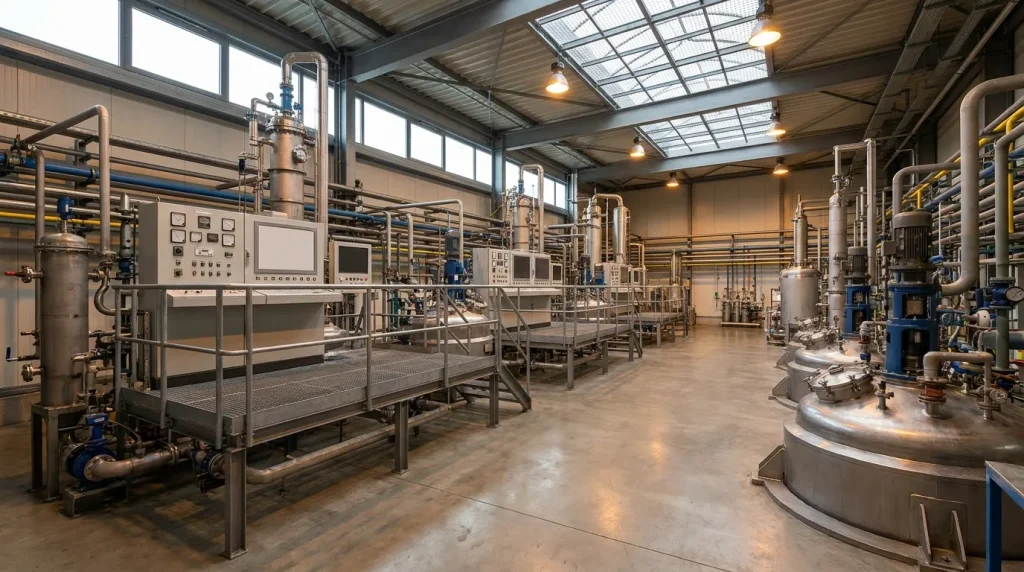 Industrial chemical processing facility with stainless steel reactors, piping, platforms, and control systems.