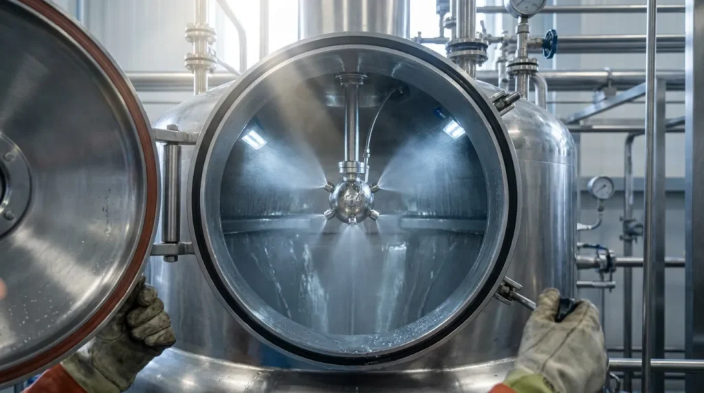 CIP spray ball operating inside an industrial reactor vessel during an automated cleaning cycle.