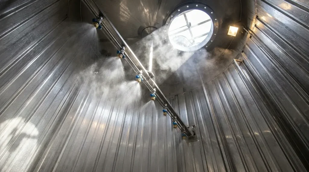 CIP spray cleaning system operating inside a stainless steel process vessel.