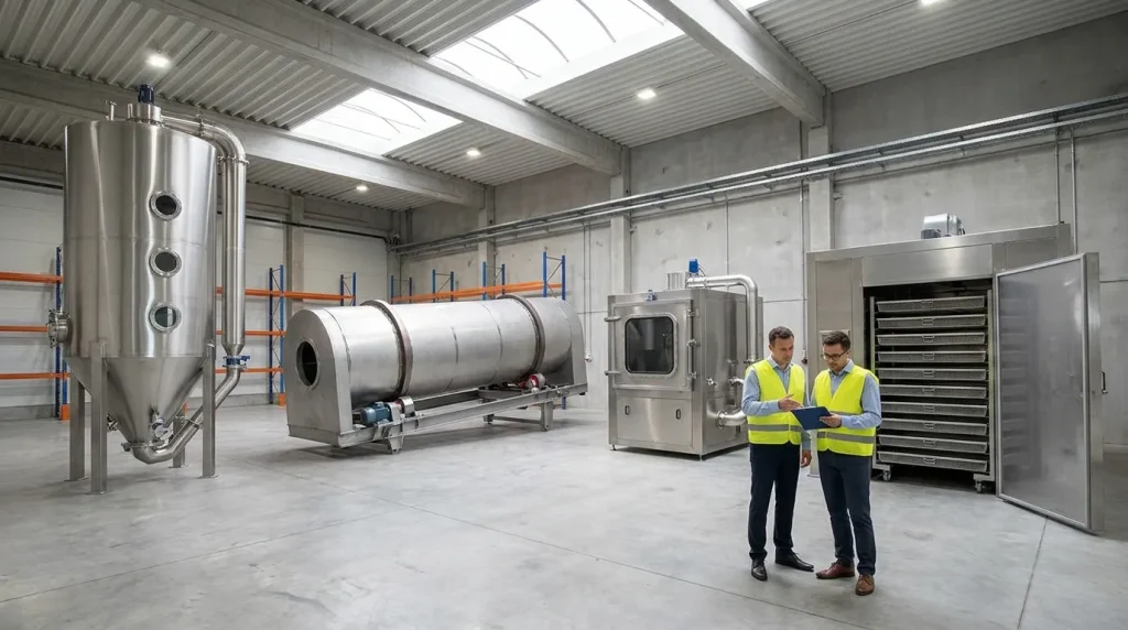 Different types of industrial drying equipment displayed in a large processing facility for equipment comparison.