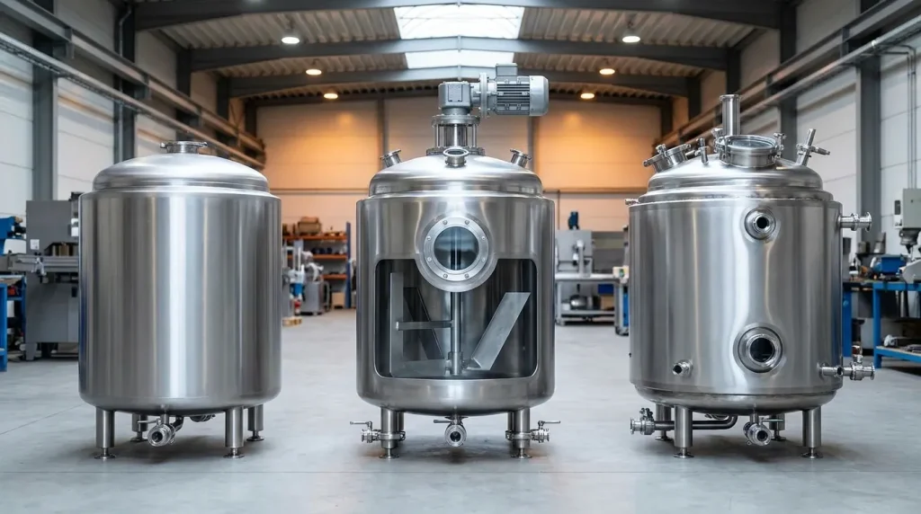 Stainless steel sanitary storage, mixing, and processing tanks displayed side by side in an industrial facility.