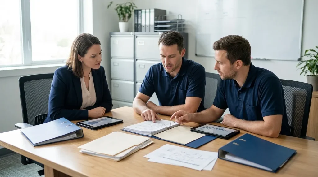 Engineering and compliance team reviewing industrial maintenance documentation, reports, and equipment data during a meeting.