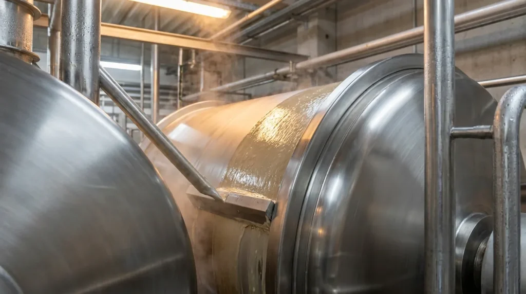Industrial drum dryer showing direct conduction heat transfer across a heated stainless steel drying surface.
