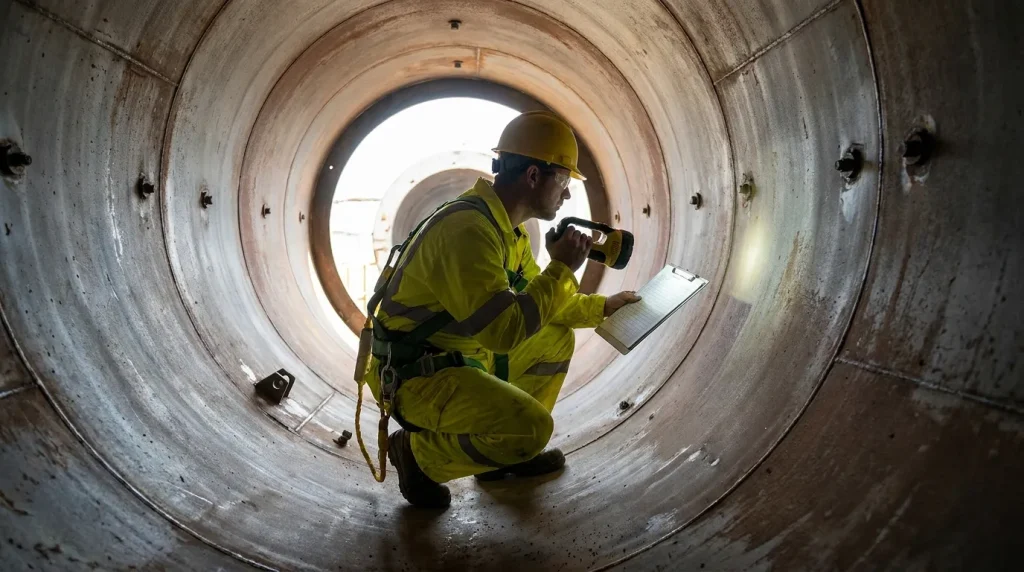 Technician performing a confined-space inspection inside an industrial rotary dryer using a flashlight and safety harness.