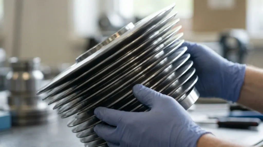 Close-up of a conical disc stack separation assembly used inside an industrial centrifuge.