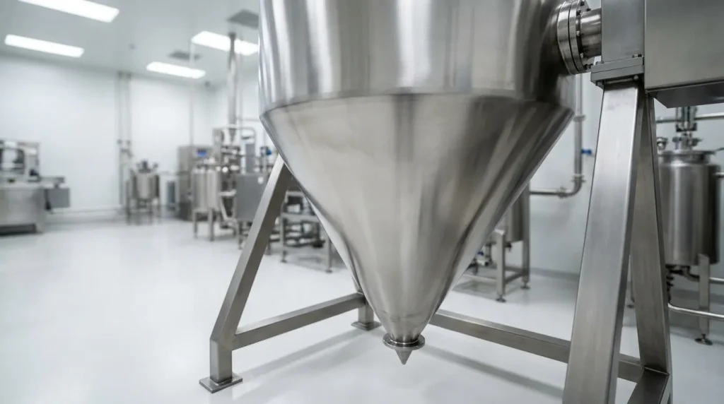 Stainless steel conical vacuum dryer with a tapered discharge cone in a pharmaceutical processing facility.