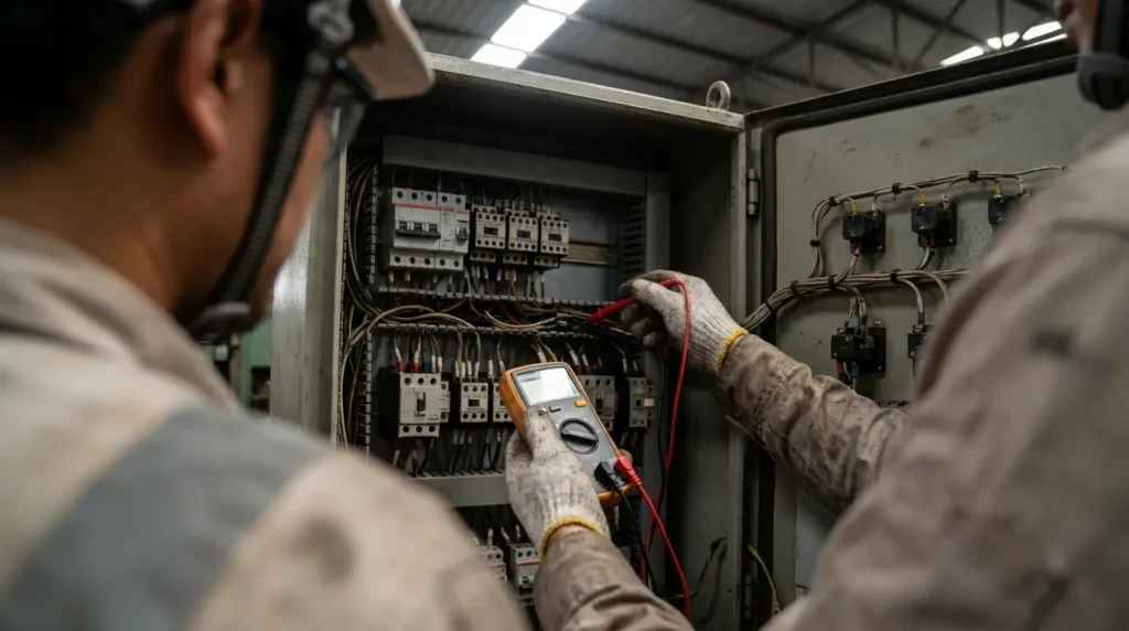 Industrial technicians using a multimeter to troubleshoot wiring and electrical components inside a control panel.