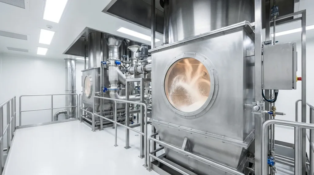Industrial fluidized bed dryer using heated airflow for convection drying in a stainless steel processing system.