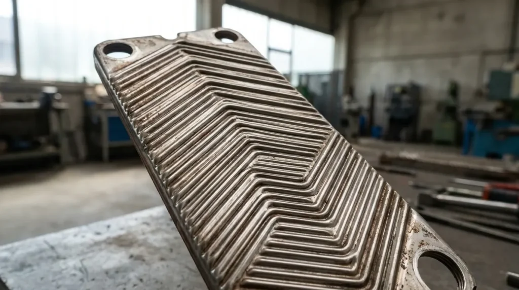 Close-up of a corrugated heat exchanger plate with a chevron pattern for improved heat transfer.