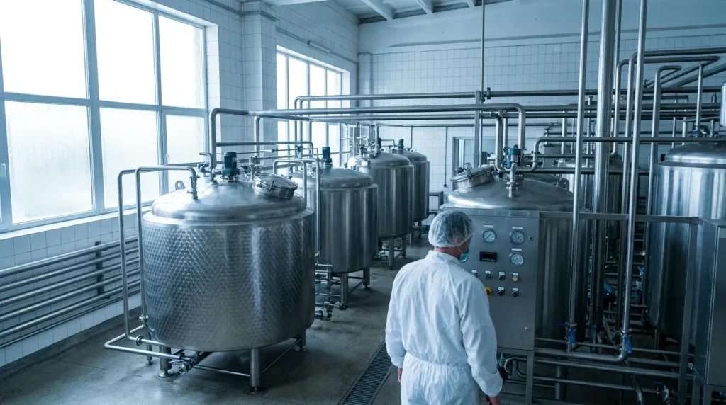Dairy processing facility with stainless steel pasteurization tanks, piping, and a technician monitoring operations.