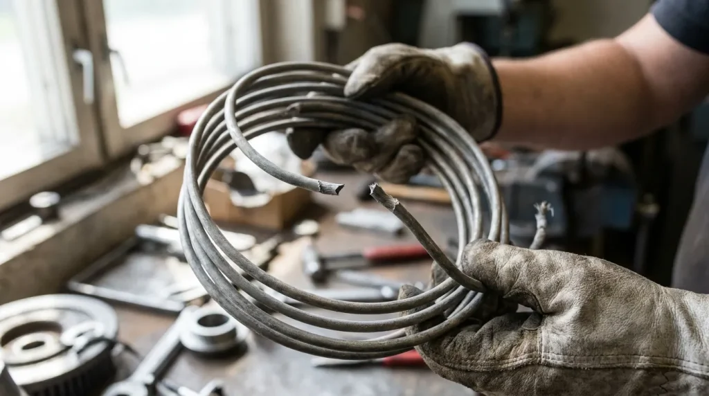 Technician inspecting a damaged industrial heating element with a visibly broken section during equipment maintenance.