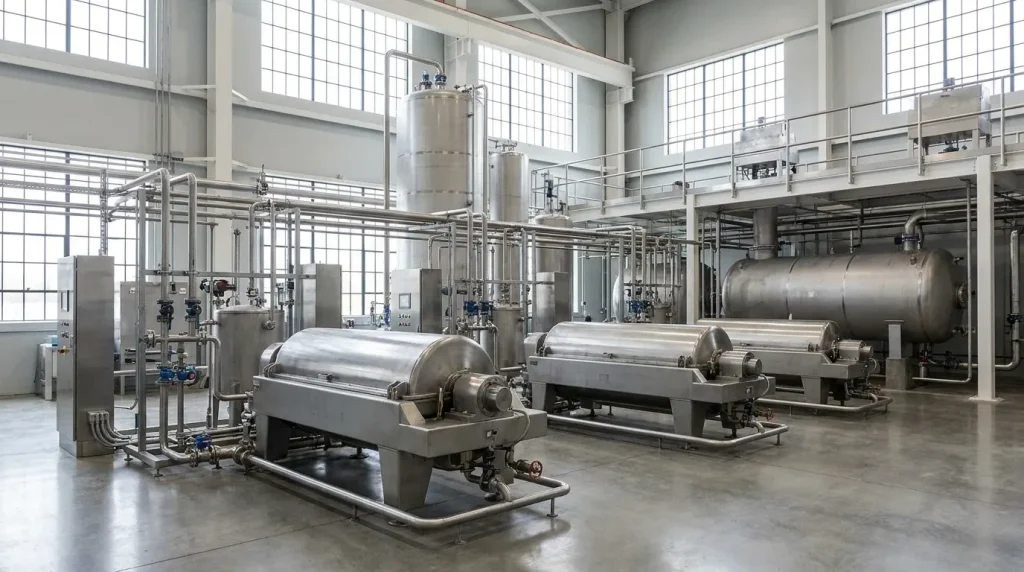 Industrial decanter centrifuges installed in a chemical processing facility with stainless steel tanks and piping.