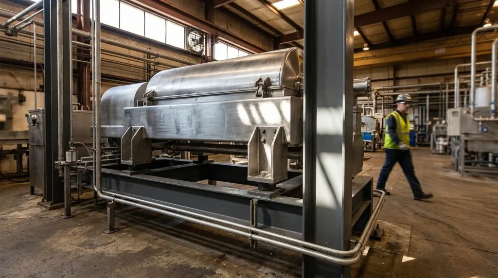 Large stainless steel decanter centrifuge installed in an industrial processing facility with piping and support framework.