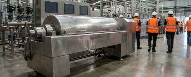 Industrial decanter centrifuge installed in a processing facility with operators and control systems nearby.