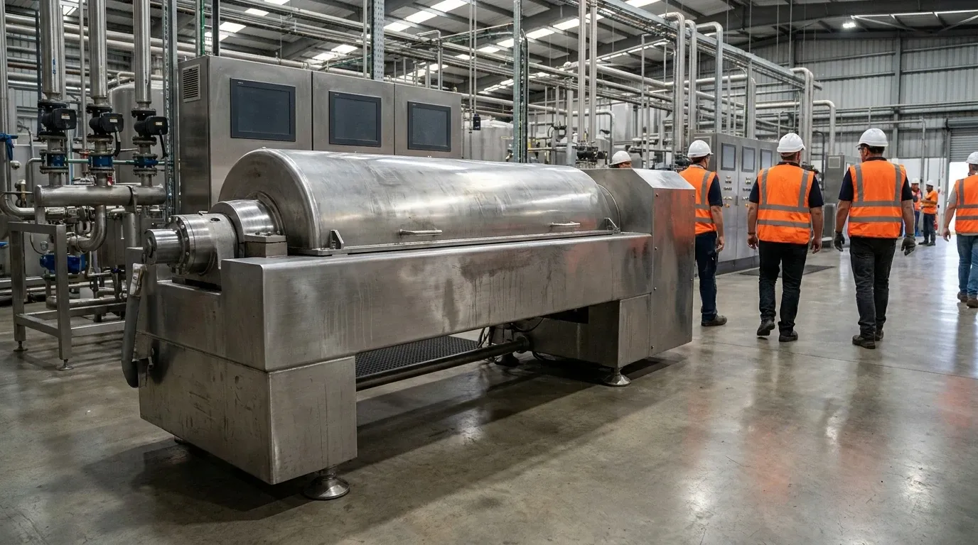 Industrial decanter centrifuge installed in a processing facility with operators and control systems nearby.